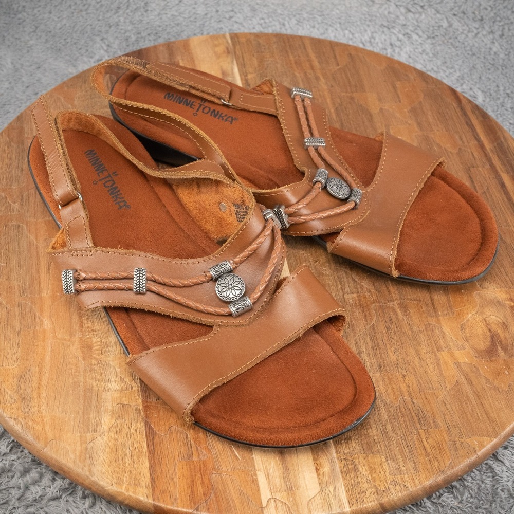 Minnietonka Brown NUT Leather Slingback Open Toe Sandals Sz 11 WSUPER NICE